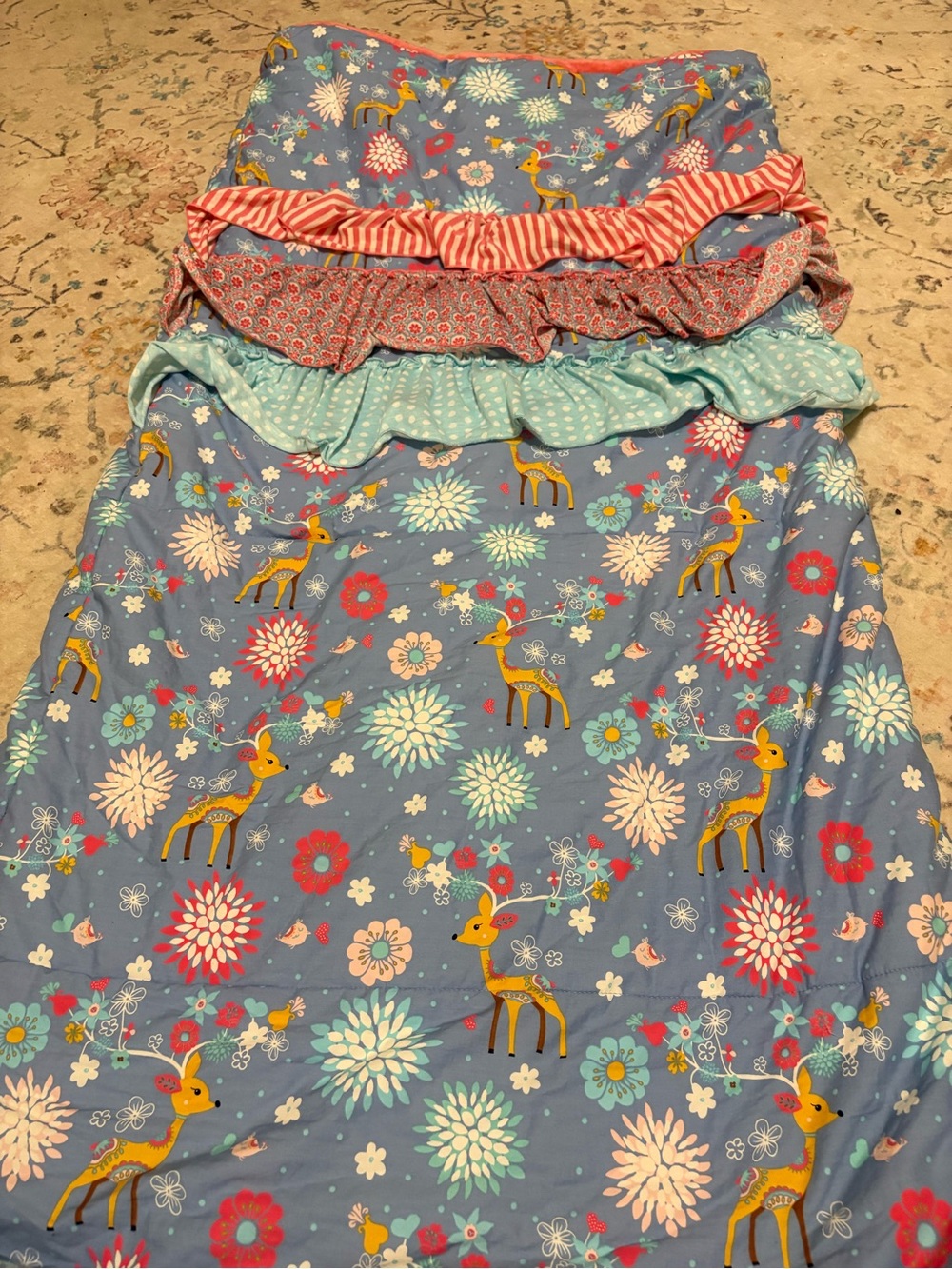 Matilda Jane. Blue Floral & Deer Ruffle Sleeping bag. Like New!